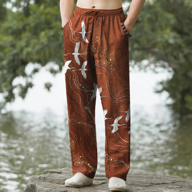 Buddha Stones Pantalon fuselé pour homme en coton blanc à motif de vagues et grues, avec poches - Terre de sienne - US/UK/AU50，EU60 (5XL) - image 8