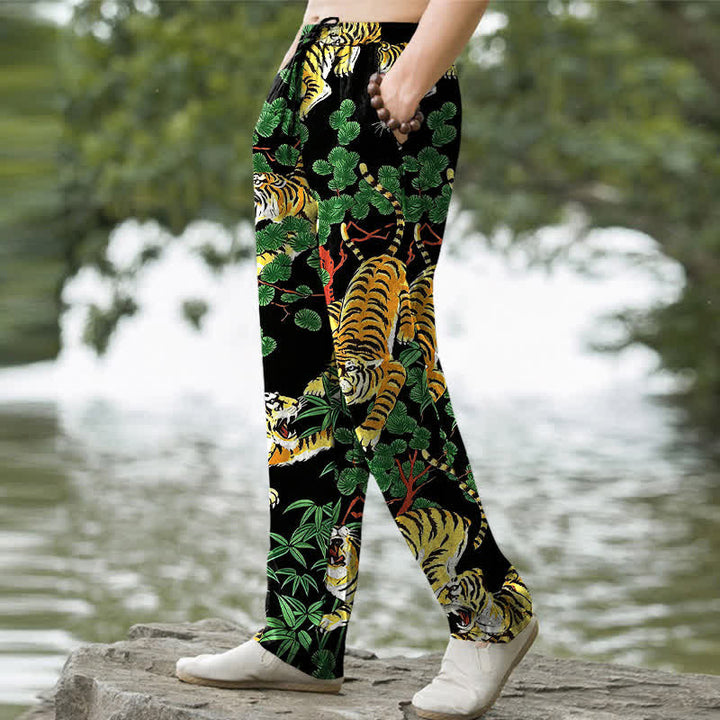 Buddha Stones Pantalon fuselé pour homme en coton à motif jungle tigre, avec poches - image 1
