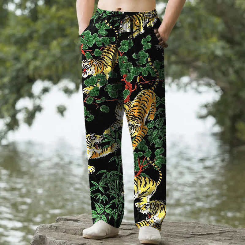 Buddha Stones Pantalon fuselé pour homme en coton à motif jungle tigre, avec poches - Noir - US/UK/AU50，EU60 (5XL) - image 0