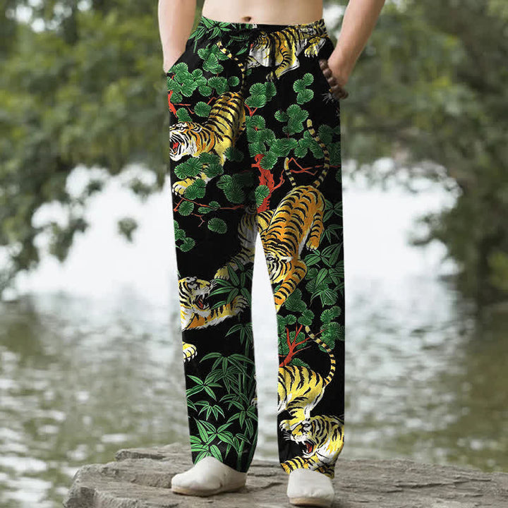 Buddha Stones Pantalon fuselé pour homme en coton à motif jungle tigre, avec poches - Noir - US/UK/AU50，EU60 (5XL) - image 0