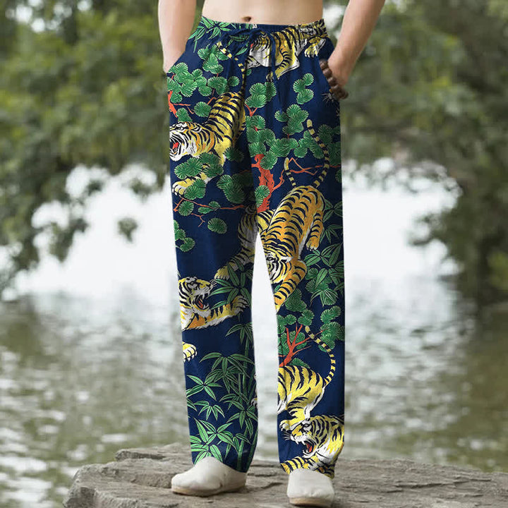 Buddha Stones Pantalon fuselé pour homme en coton à motif jungle tigre, avec poches - Marine - US/UK/AU50，EU60 (5XL) - image 4