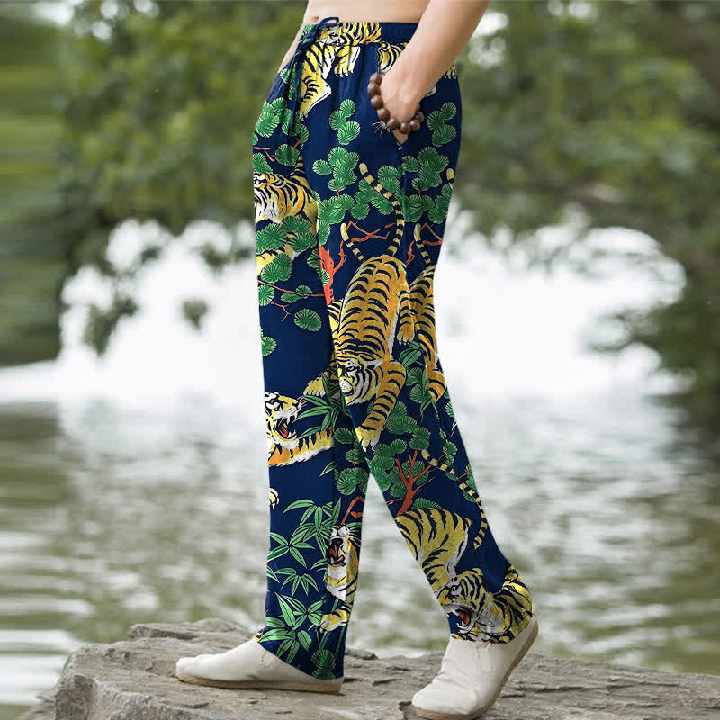 Buddha Stones Pantalon fuselé pour homme en coton à motif jungle tigre, avec poches - image 5