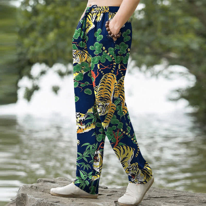 Buddha Stones Pantalon fuselé pour homme en coton à motif jungle tigre, avec poches - image 5