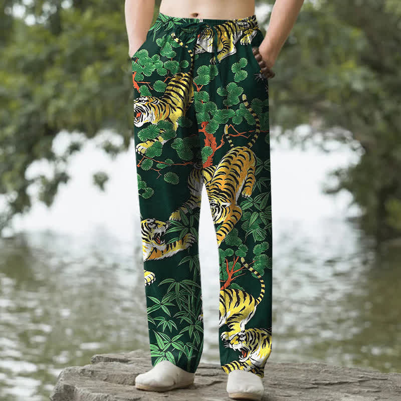 Buddha Stones Pantalon fuselé pour homme en coton à motif jungle tigre, avec poches - Vert foncé - US/UK/AU50，EU60 (5XL) - image 8