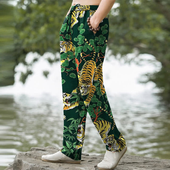 Buddha Stones Pantalon fuselé pour homme en coton à motif jungle tigre, avec poches - image 9
