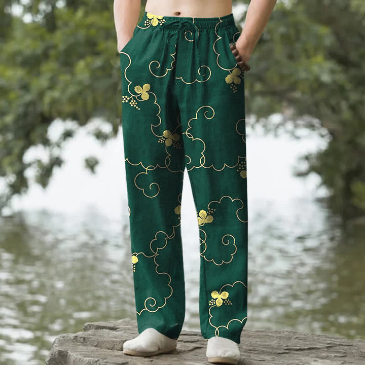Buddha Stones Pantalon fuselé pour homme en coton à motif floral nuageux doré avec poches - Vert forêt - US/UK/AU50，EU60 (5XL) - image 0
