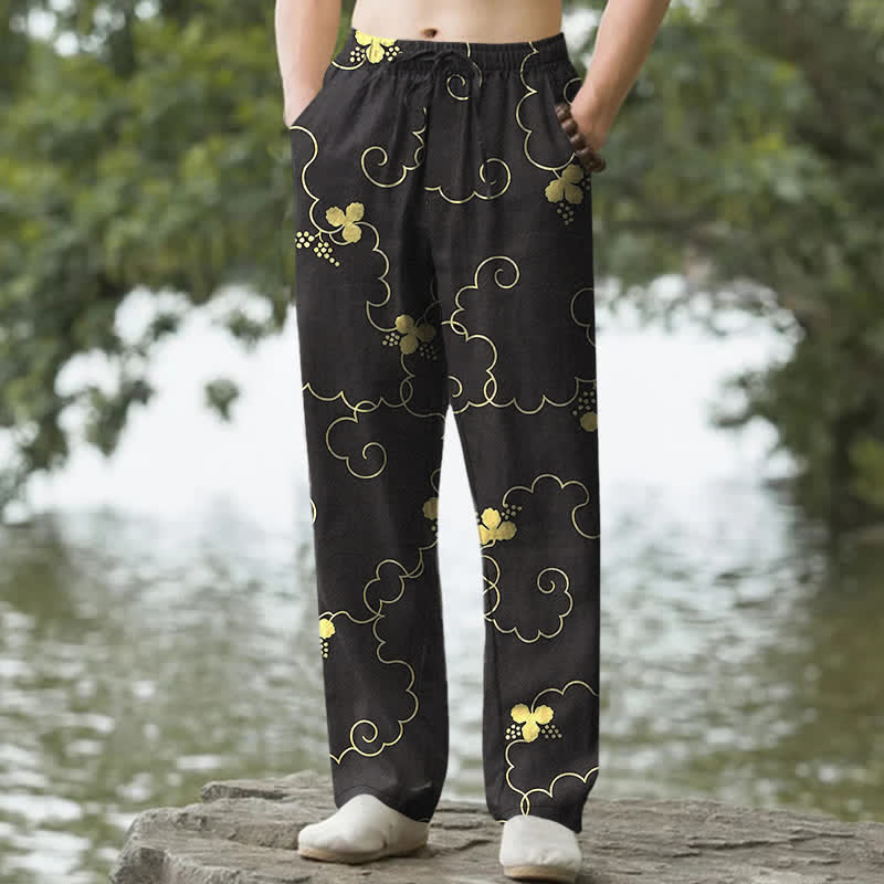 Buddha Stones Pantalon fuselé pour homme en coton à motif floral nuageux doré avec poches - Noir - US/UK/AU50，EU60 (5XL) - image 4