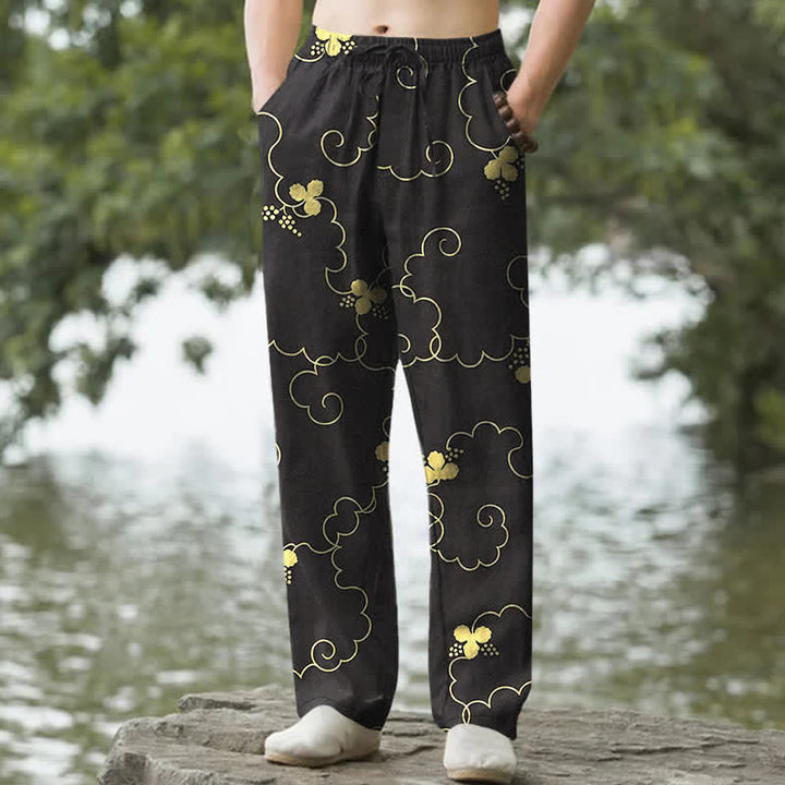 Buddha Stones Pantalon fuselé pour homme en coton à motif floral nuageux doré avec poches - Noir - US/UK/AU50，EU60 (5XL) - image 4