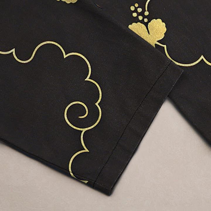 Buddha Stones Pantalon fuselé pour homme en coton à motif floral nuageux doré avec poches - image 6