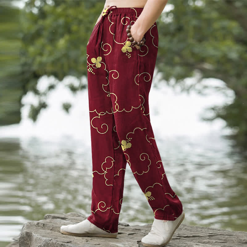Buddha Stones Pantalon fuselé pour homme en coton à motif floral nuageux doré avec poches - image 9
