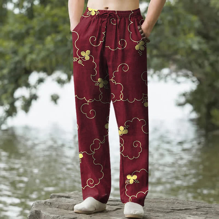 Buddha Stones Pantalon fuselé pour homme en coton à motif floral nuageux doré avec poches - Bordeaux - US/UK/AU50，EU60 (5XL) - image 8