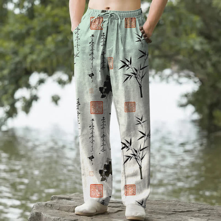 Buddha Stones Pantalon fuselé pour homme en coton imprimé bambou avec poches - Vert pâle - US/UK/AU50，EU60 (5XL) - image 0
