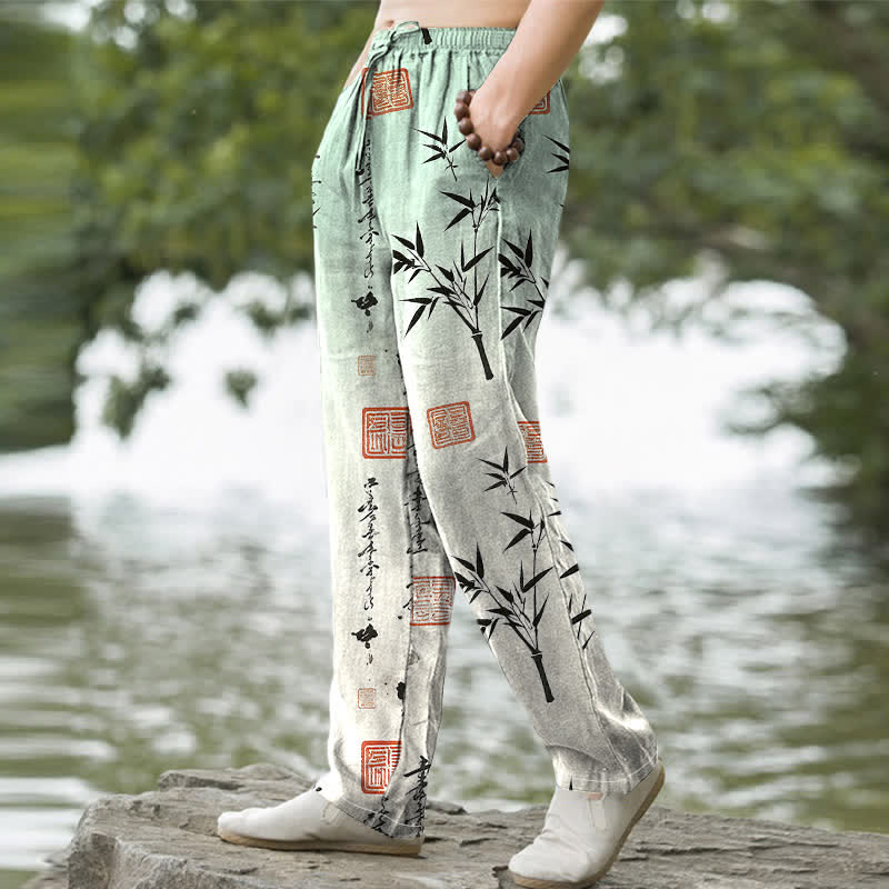 Buddha Stones Pantalon fuselé pour homme en coton imprimé bambou avec poches - image 1