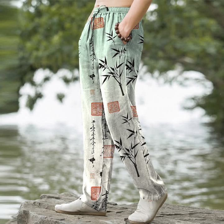Buddha Stones Pantalon fuselé pour homme en coton imprimé bambou avec poches - image 1