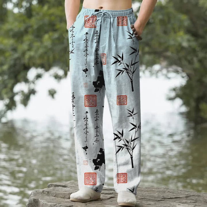 Buddha Stones Pantalon fuselé pour homme en coton imprimé bambou avec poches - Turquoise pâle - US/UK/AU50，EU60 (5XL) - image 4