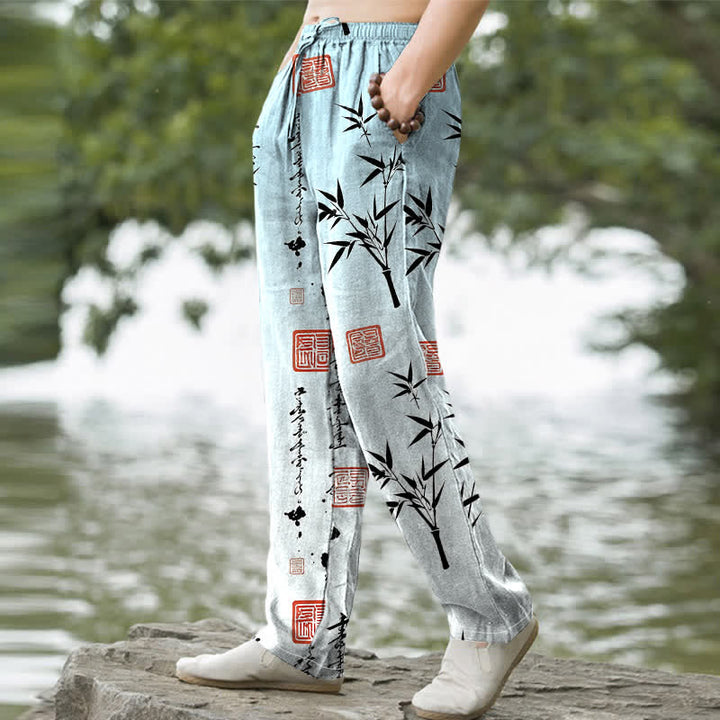 Buddha Stones Pantalon fuselé pour homme en coton imprimé bambou avec poches - image 5