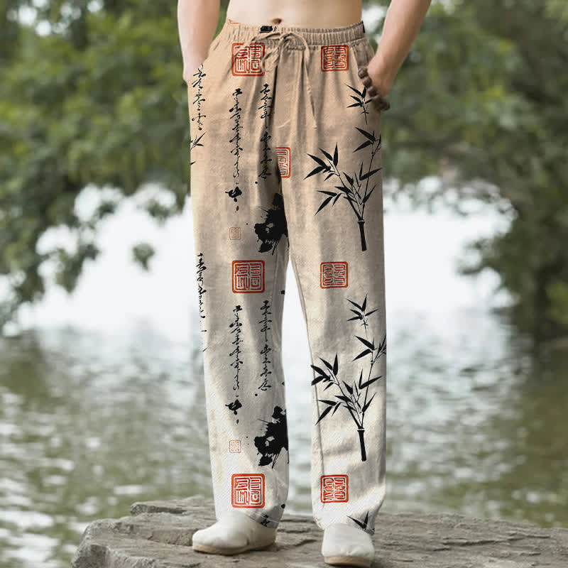 Buddha Stones Pantalon fuselé pour homme en coton imprimé bambou avec poches - BurlyWood - US/UK/AU50，EU60 (5XL) - image 8