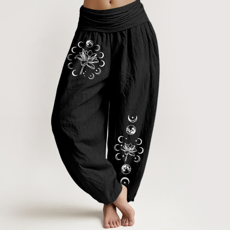 Buddha Stones Pantalon harem pour femme en pur coton, motif lotus et phases de la lune, taille élastique - Noir - US16，UK/AU20，EU48 (3XL) - image 0