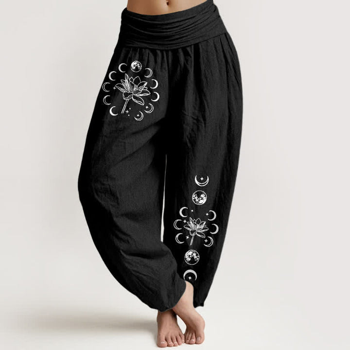Buddha Stones Pantalon harem pour femme en pur coton, motif lotus et phases de la lune, taille élastique - Noir - US16，UK/AU20，EU48 (3XL) - image 0