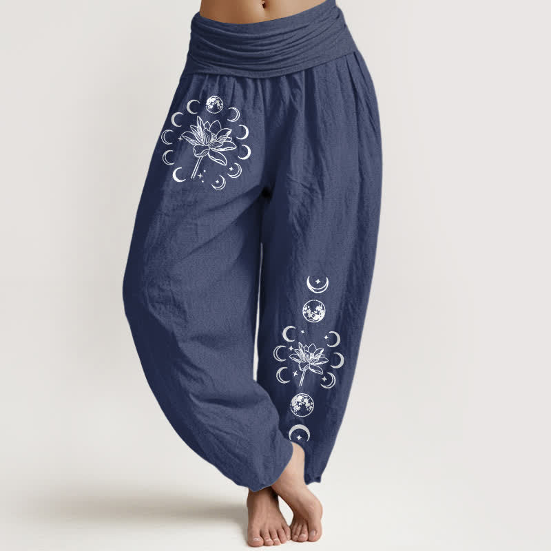 Buddha Stones Pantalon harem pour femme en pur coton, motif lotus et phases de la lune, taille élastique - Bleu ardoise foncé - US16，UK/AU20，EU48 (3XL) - image 5