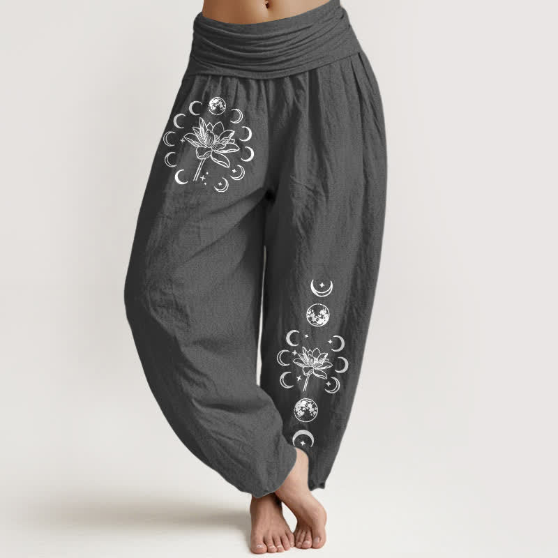 Buddha Stones Pantalon harem pour femme en pur coton, motif lotus et phases de la lune, taille élastique - Gris sombre - US16，UK/AU20，EU48 (3XL) - image 8