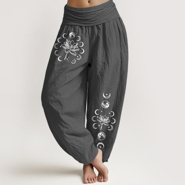 Buddha Stones Pantalon harem pour femme en pur coton, motif lotus et phases de la lune, taille élastique - Gris sombre - US16，UK/AU20，EU48 (3XL) - image 8