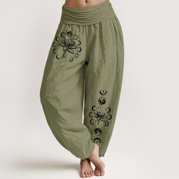 Buddha Stones Pantalon harem pour femme en pur coton, motif lotus et phases de la lune, taille élastique - Vert olive - US16，UK/AU20，EU48 (3XL) - image 14