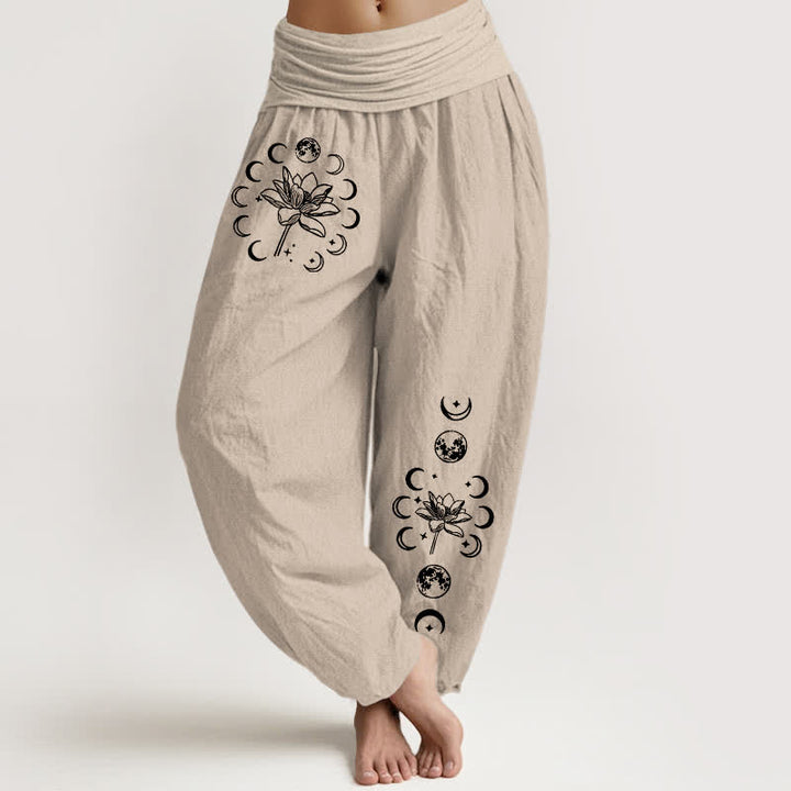 Buddha Stones Pantalon harem pour femme en pur coton, motif lotus et phases de la lune, taille élastique - Lin - US16，UK/AU20，EU48 (3XL) - image 11