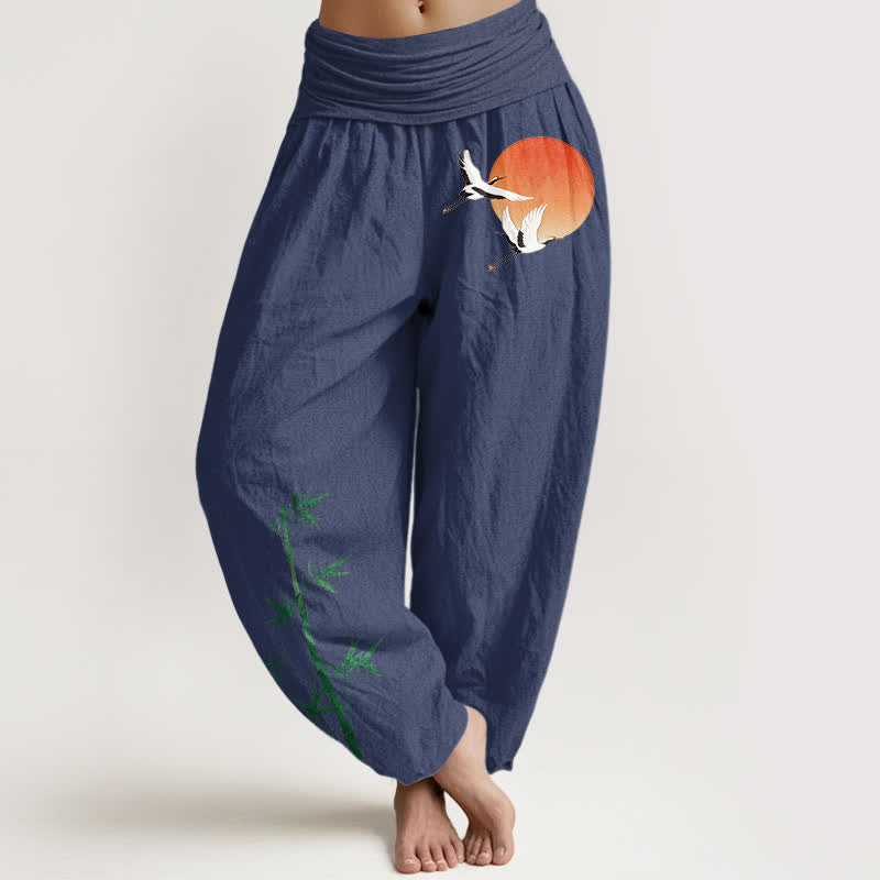 Buddha Stones Pantalon harem pour femme en pur coton, motif grue du soleil et bambou, taille élastique - Bleu ardoise foncé - US16，UK/AU20，EU48 (3XL) - image 8