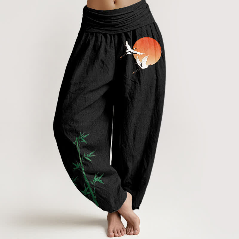 Buddha Stones Pantalon harem pour femme en pur coton, motif grue du soleil et bambou, taille élastique - Noir - US16，UK/AU20，EU48 (3XL) - image 5