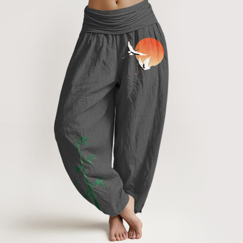 Buddha Stones Pantalon harem pour femme en pur coton, motif grue du soleil et bambou, taille élastique - Gris sombre - US16，UK/AU20，EU48 (3XL) - image 11