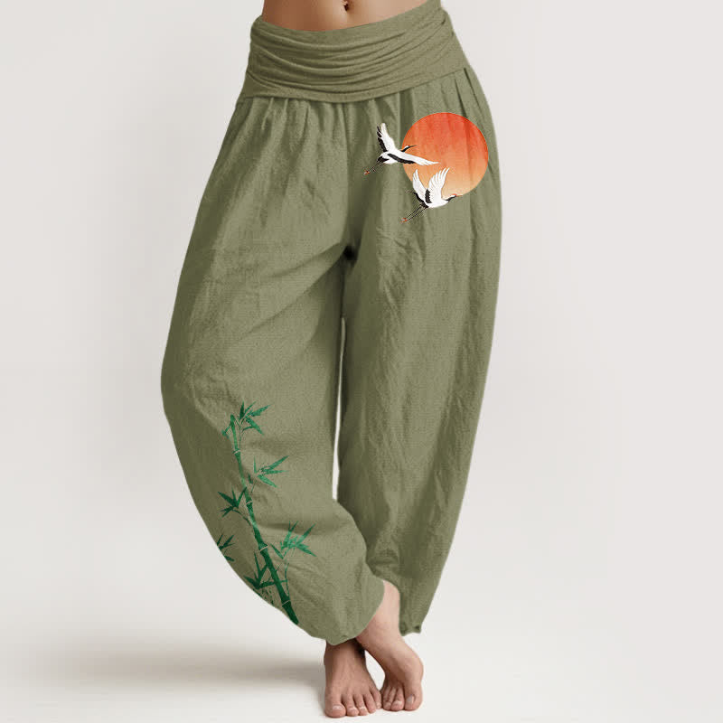 Buddha Stones Pantalon harem pour femme en pur coton, motif grue du soleil et bambou, taille élastique - Vert olive - US16，UK/AU20，EU48 (3XL) - image 14