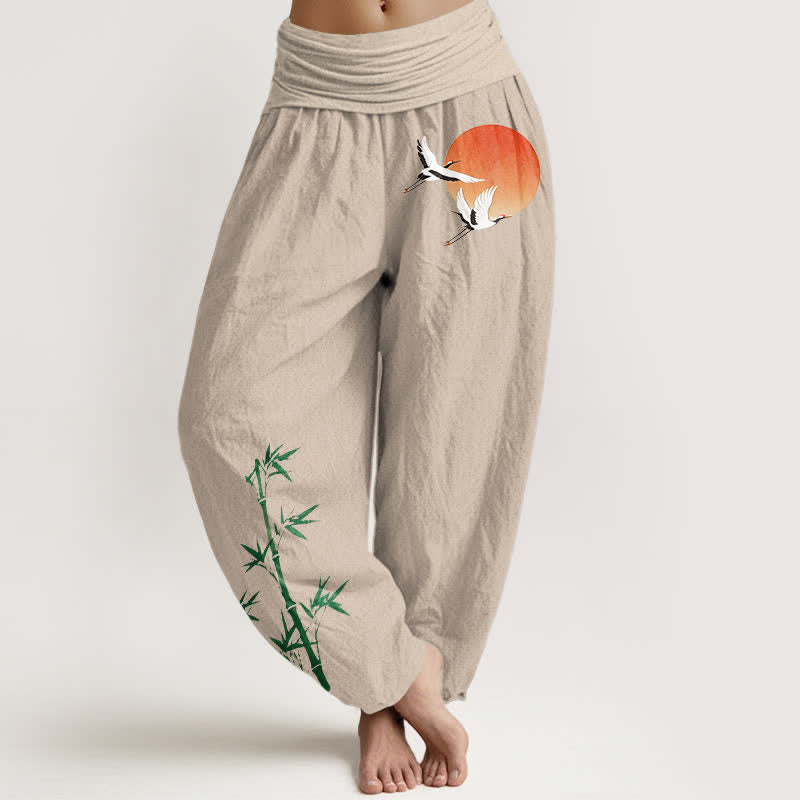 Buddha Stones Pantalon harem pour femme en pur coton, motif grue du soleil et bambou, taille élastique - Lin - US16，UK/AU20，EU48 (3XL) - image 0
