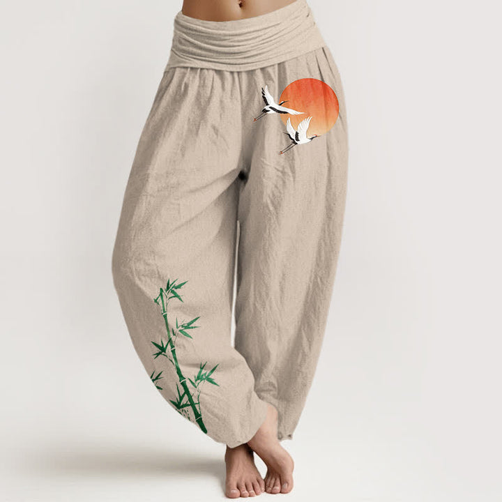 Buddha Stones Pantalon harem pour femme en pur coton, motif grue du soleil et bambou, taille élastique - Lin - US16，UK/AU20，EU48 (3XL) - image 0