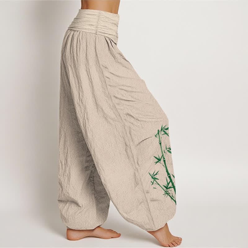 Buddha Stones Pantalon harem pour femme en pur coton, motif grue du soleil et bambou, taille élastique - image 1