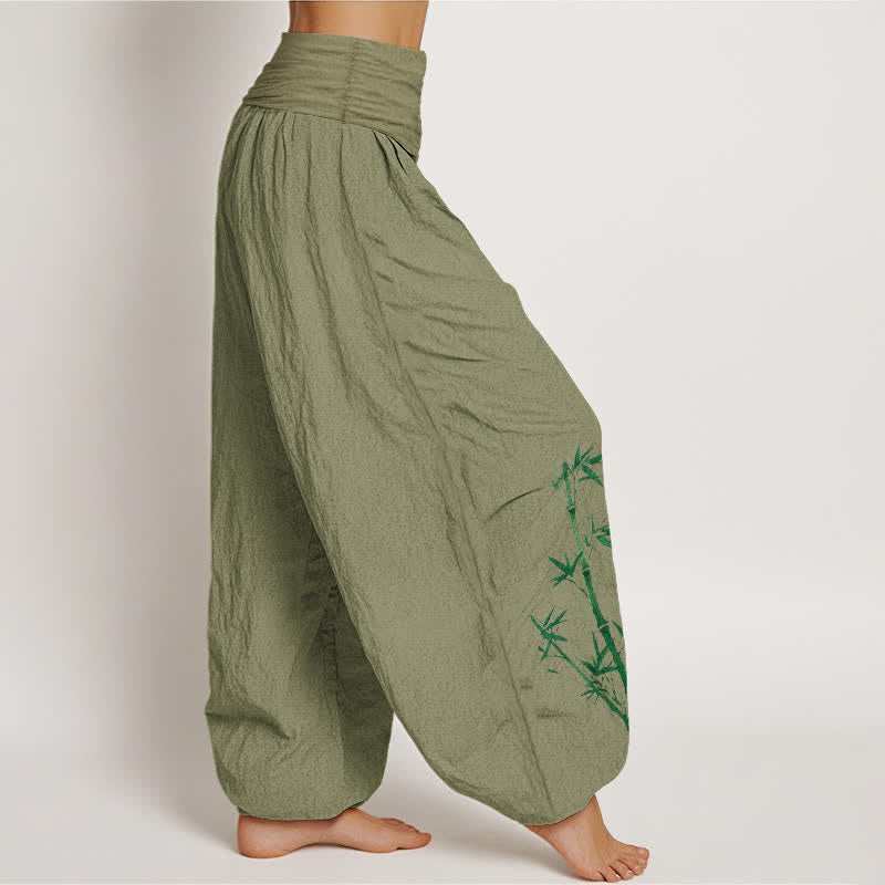 Buddha Stones Pantalon harem pour femme en pur coton, motif grue du soleil et bambou, taille élastique - image 15