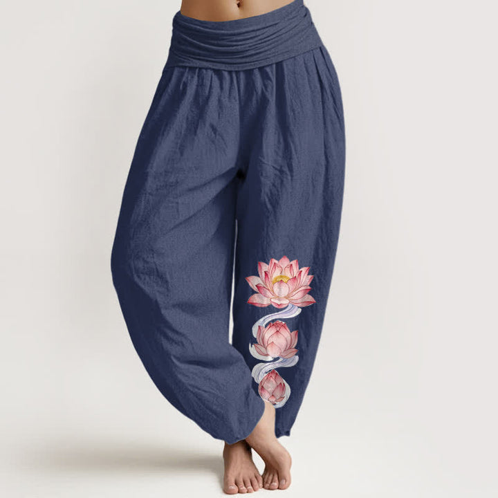 Buddha Stones Pantalon harem à taille élastique, motif lotus rose, en pur coton pour femme - Bleu ardoise foncé - US16，UK/AU20，EU48 (3XL) - image 5