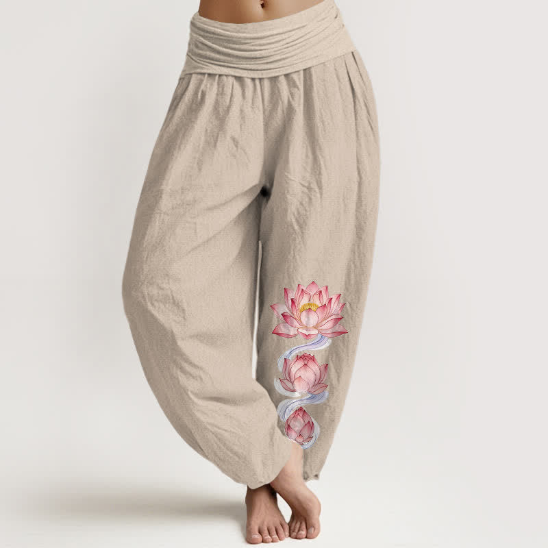 Buddha Stones Pantalon harem à taille élastique, motif lotus rose, en pur coton pour femme - Lin - US16，UK/AU20，EU48 (3XL) - image 11