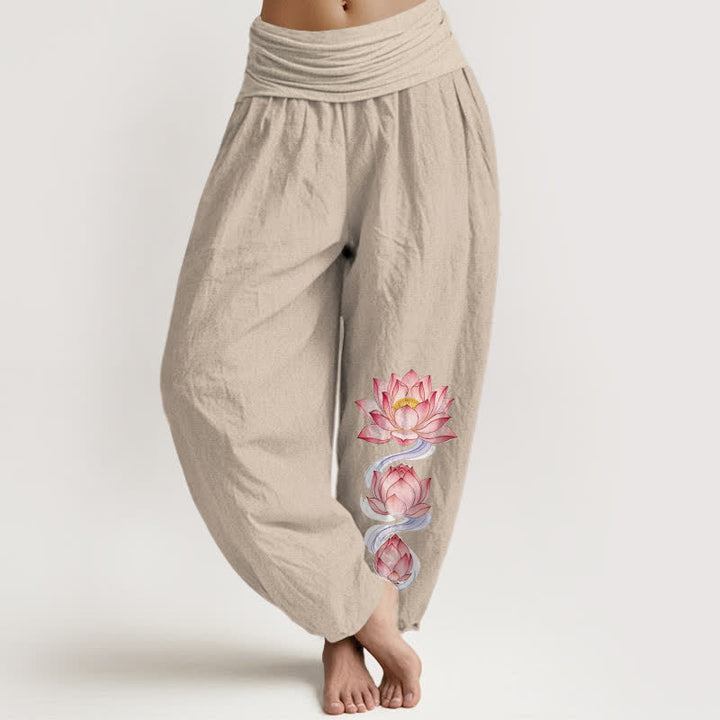 Buddha Stones Pantalon harem à taille élastique, motif lotus rose, en pur coton pour femme - Lin - US16，UK/AU20，EU48 (3XL) - image 11