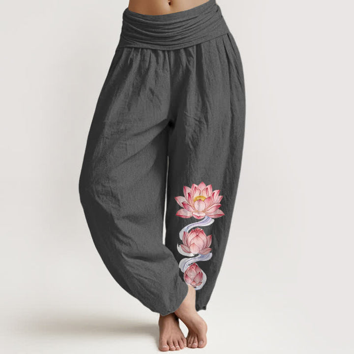 Buddha Stones Pantalon harem à taille élastique, motif lotus rose, en pur coton pour femme - Gris terne - US16，UK/AU20，EU48 (3XL) - image 8