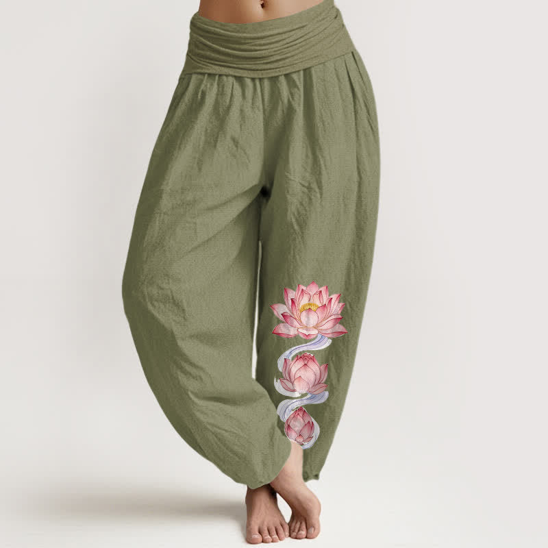 Buddha Stones Pantalon harem à taille élastique, motif lotus rose, en pur coton pour femme - Vert olive - US16，UK/AU20，EU48 (3XL) - image 14