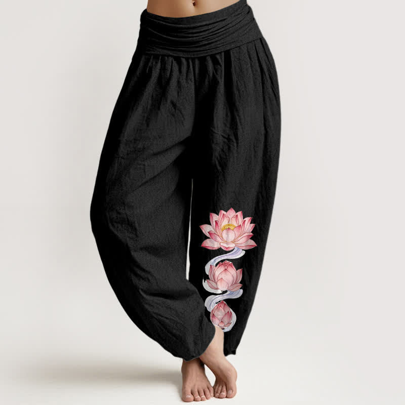 Buddha Stones Pantalon harem pour femme en pur coton rose à motif lotus et taille élastique - Noir - US16，UK/AU20，EU48 (3XL) - image 0