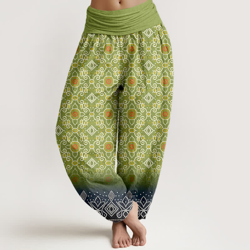 Buddha Stones Pantalon harem bohème en coton à motif floral et géométrique, taille élastique, pour femme - JauneVert - US16，UK/AU20，EU48 (3XL) - image 0