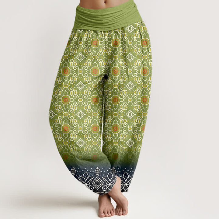 Buddha Stones Pantalon harem bohème en coton à motif floral et géométrique, taille élastique, pour femme - JauneVert - US16，UK/AU20，EU48 (3XL) - image 0