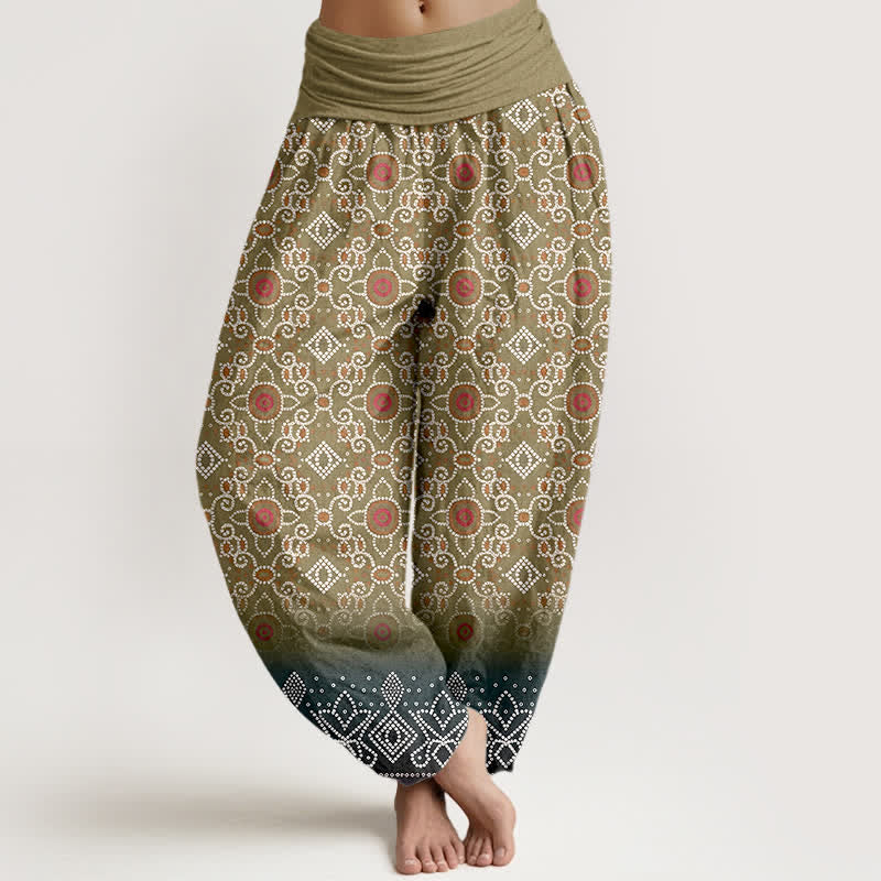 Buddha Stones Pantalon harem bohème en coton à motif floral et géométrique, taille élastique, pour femme - Olive - US16，UK/AU20，EU48 (3XL) - image 5
