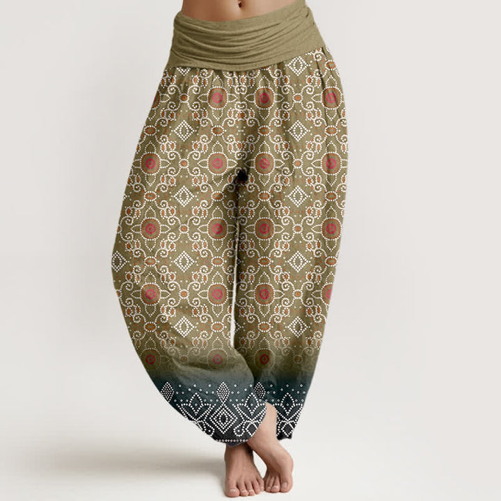 Buddha Stones Pantalon harem bohème en coton à motif floral et géométrique, taille élastique, pour femme - Olive - US16，UK/AU20，EU48 (3XL) - image 5