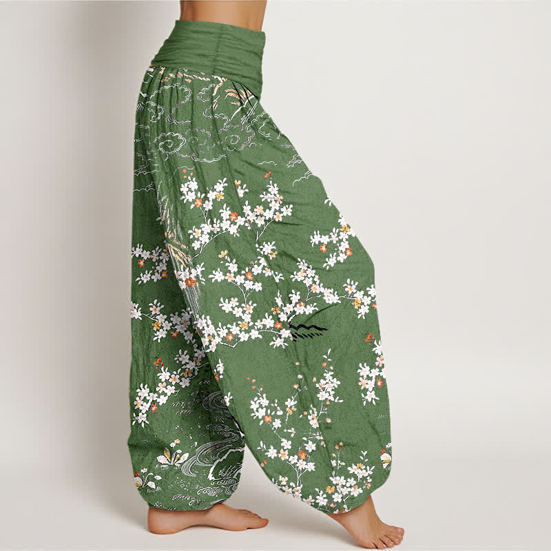 Buddha Stones Pantalon harem pour femme en pur coton blanc à motif floral et nuage porte-bonheur, taille élastique. - image 2
