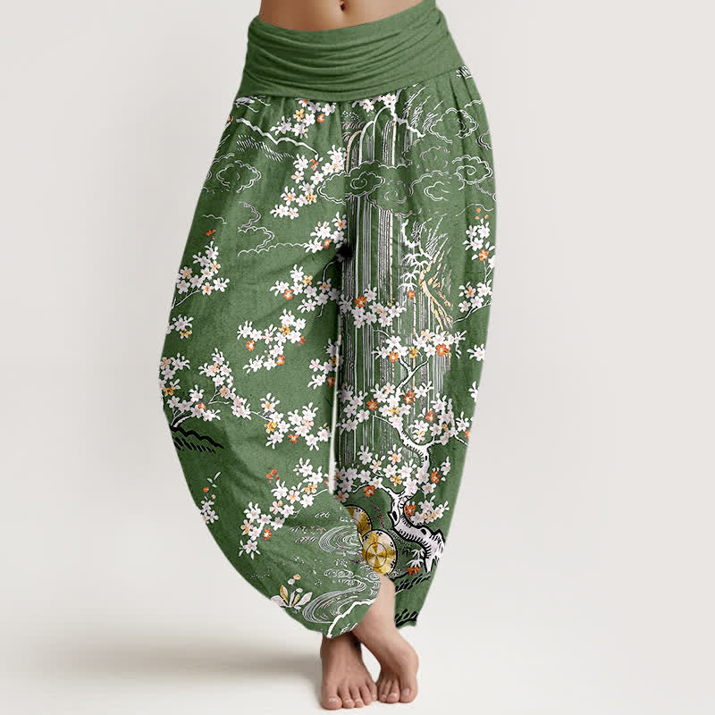 Buddha Stones Pantalon harem pour femme en pur coton blanc à motif floral et nuage porte-bonheur, taille élastique. - Vert olive - US16，UK/AU20，EU48 (3XL) - image 0