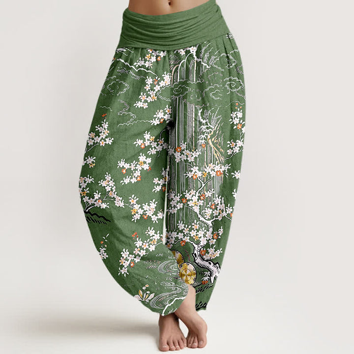 Buddha Stones Pantalon harem pour femme en pur coton blanc à motif floral et nuage porte-bonheur, taille élastique. - Vert olive - US16，UK/AU20，EU48 (3XL) - image 0