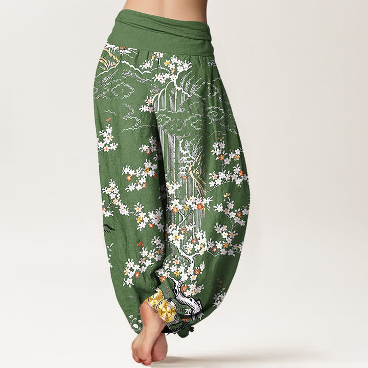Buddha Stones Pantalon harem pour femme en pur coton blanc à motif floral et nuage porte-bonheur, taille élastique. - image 1